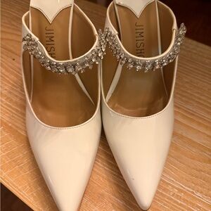 Jimishow Crystal Strap Patent Leather Mules – Size 8.5 – Elegant Ivory Heels